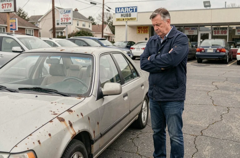 Homme inspectant une vieille voiture d'occasion rouillée dans un parking de concessionnaire, bras croisés avec une expression méfiante