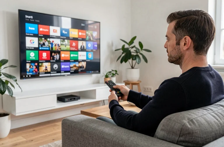 Homme installant des applications sur une Smart TV Philips depuis son canapé avec la télécommande