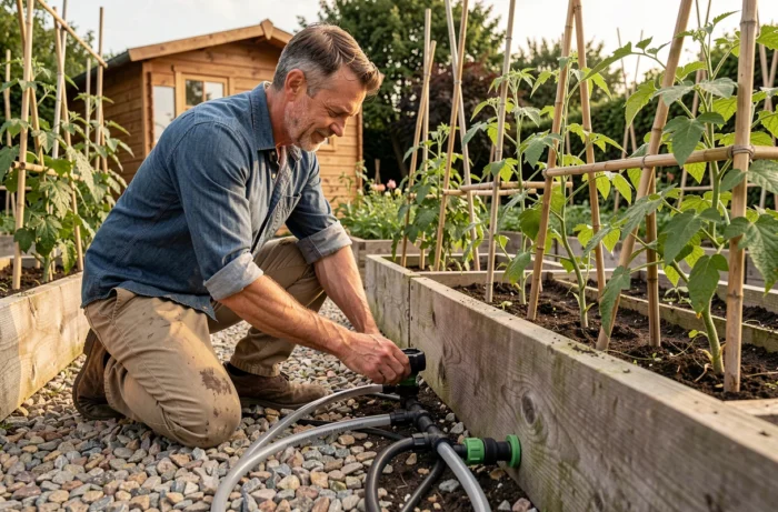Homme installant un système d'irrigation goutte-à-goutte dans un potager surélevé en bois