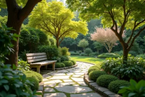 Allée de jardin résidentiel avec une collection d'arbres ornementaux variés aux feuillages et floraisons diversifiés