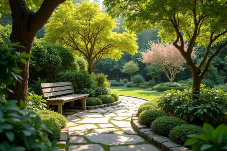 Allée de jardin résidentiel avec une collection d'arbres ornementaux variés aux feuillages et floraisons diversifiés