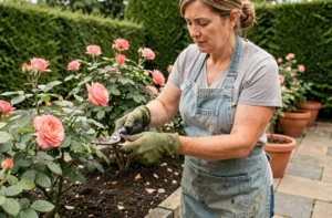 Femme jardinière taillant des rosiers avec un sécateur professionnel dans un jardin bien entretenu