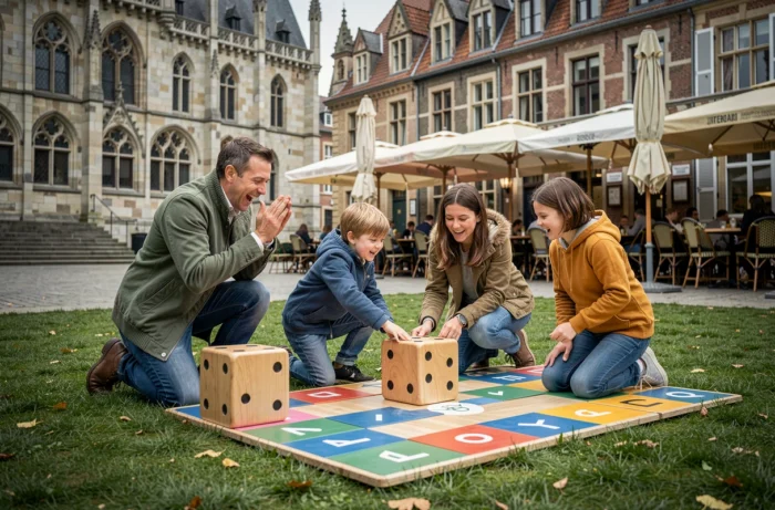 Famille jouant à un jeu de société géant en plein air sur une place belge avec des façades gothiques en arrière-plan