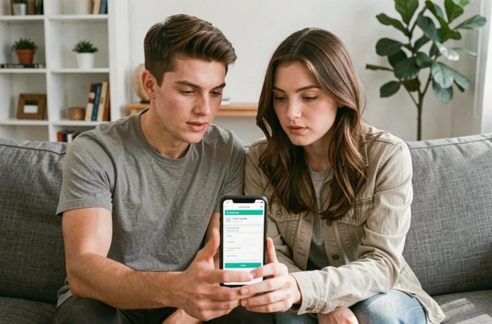 Jeune couple consultant une demande de crédit en ligne sur smartphone dans leur salon