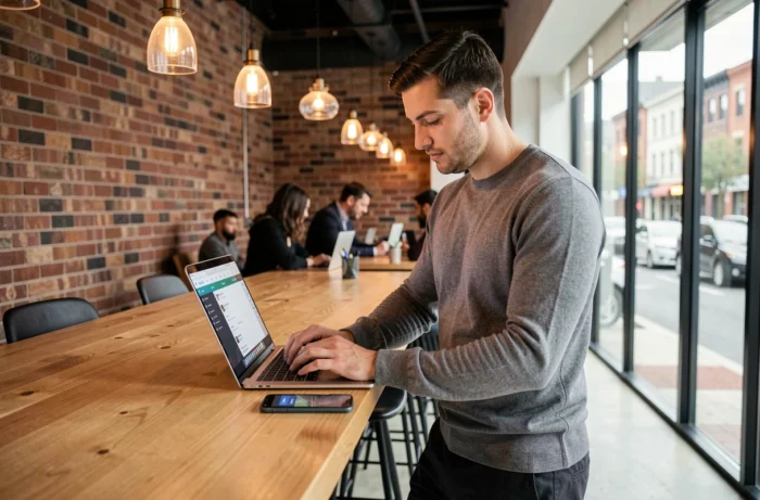 Jeune homme gérant son activité en ligne depuis un espace de coworking avec murs en brique et interface de réseaux sociaux