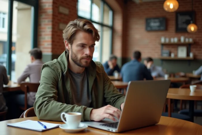 Jeune homme utilisant le site Mon Compte Formation dans un café pour vérifier ses droits CPF