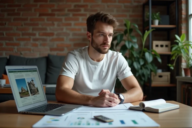 Jeune homme étudiant des documents immobiliers à son bureau avec un ordinateur portable, illustrant l'investissement immobilier sans capital