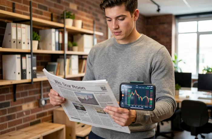 Jeune professionnel consultant un journal financier et son smartphone dans un espace de coworking moderne