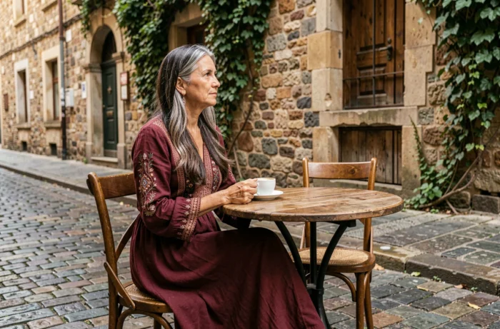 Femme bohème aux cheveux longs dans un café de rue européen pavé, évoquant le parcours international de Jimena Gómez-Paratcha