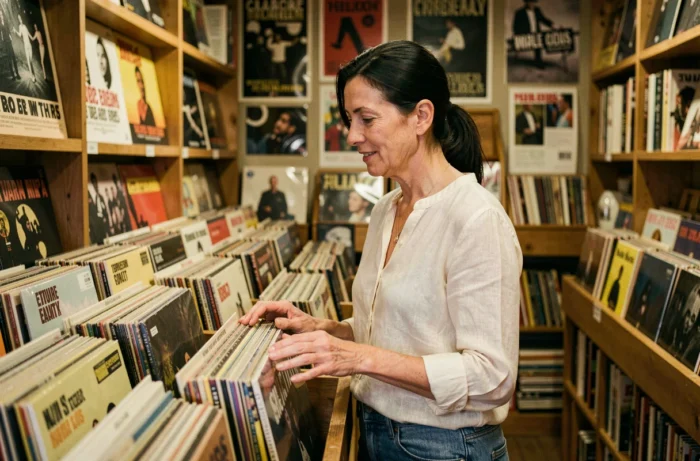 Femme parcourant des disques vinyles dans un magasin de musique indépendant, référence à l'univers musical entourant Jimena Gómez-Paratcha ex-épouse de Jimmy Page