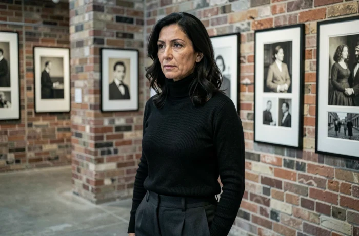 Femme élégante aux cheveux ondulés sombres dans une galerie d'art, illustrant la vie méconnue de Jimena Gómez-Paratcha