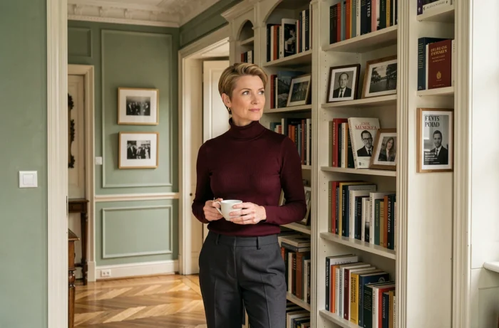 Femme journaliste et intellectuelle dans son appartement parisien entourée de livres, illustration d'une vie privée cultivée et discrète
