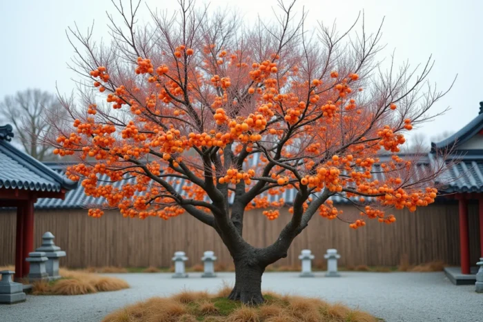 Kaki Diospyros kaki aux branches dénudées chargées de fruits orange vif en automne dans un jardin de style japonais