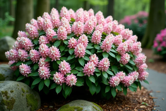 Kalmia latifolia en pleine floraison avec ses grappes de fleurs en coupe rose et blanc aux motifs étoilés caractéristiques
