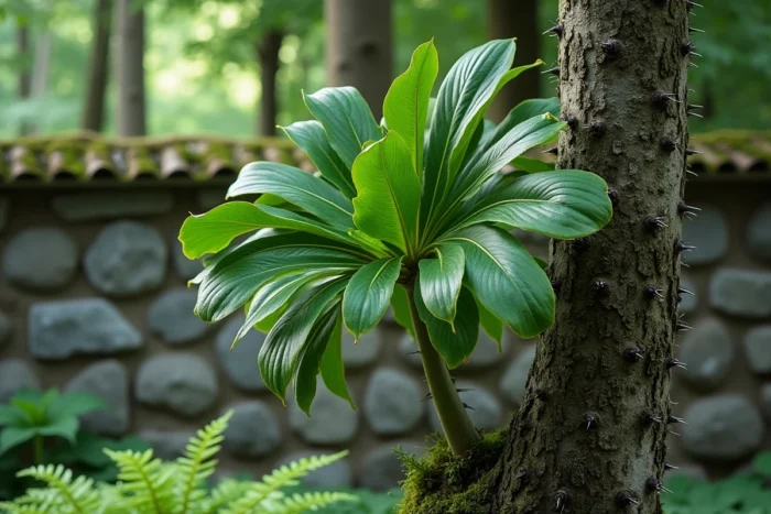 Kalopanax septemlobus avec ses grandes feuilles palmées et son écorce épineuse caractéristique en lisière de jardin boisé