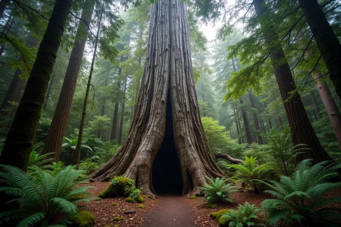 Tronc monumental d'un kauri Agathis australis dans une forêt néo-zélandaise avec son écorce argentée caractéristique à plaques