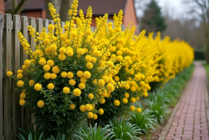 Kerria japonica en pleine floraison printanière avec ses fleurs doubles jaune d'or en pompons le long d'une clôture en bois de jardin cottage