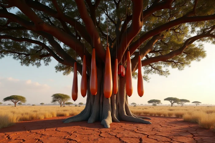 Kigelia africana avec ses fruits en forme de saucisse géante pendant sur de longues tiges et ses fleurs rouge bordeaux dans la savane africaine