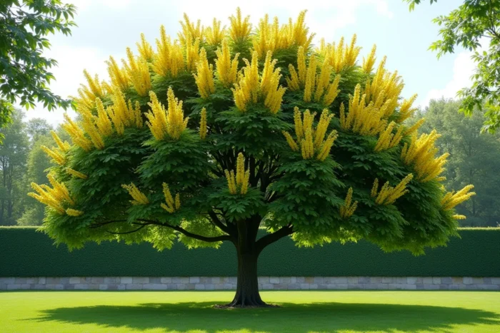 Koelreuteria paniculata en pleine floraison estivale avec ses grandes panicules de fleurs jaunes dans un jardin public