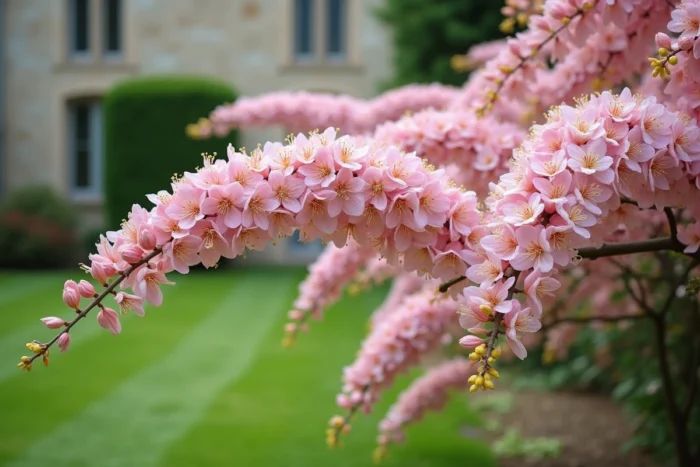 Kolkwitzia amabilis en pleine floraison avec ses branches arquées couvertes de fleurs tubulaires rose pâle à gorge jaune dans un jardin de campagne
