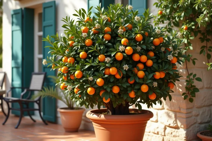 Kumquat Fortunella margarita en pot de terre cuite chargé de petits fruits orange et de fleurs blanches sur une terrasse méditerranéenne