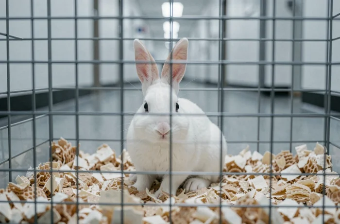 Lapin blanc dans un environnement propre évoquant le contexte des tests sur les animaux et la protection animale dans l'industrie cosmétique
