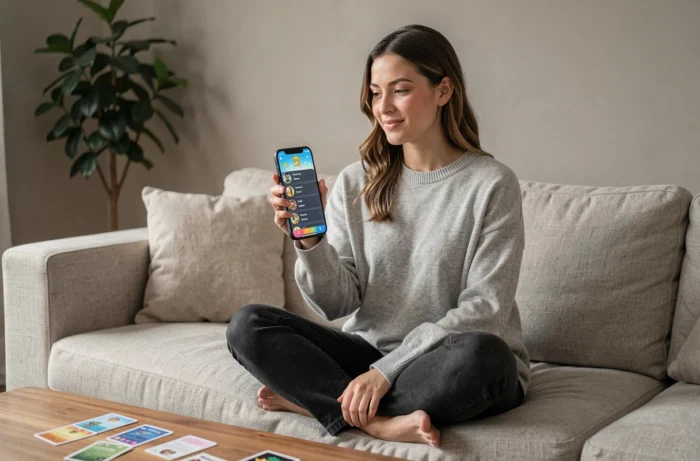 Femme parcourant une liste de Pokémon dont le nom commence par M sur une application mobile, entourée de cartes Pokémon sur une table basse