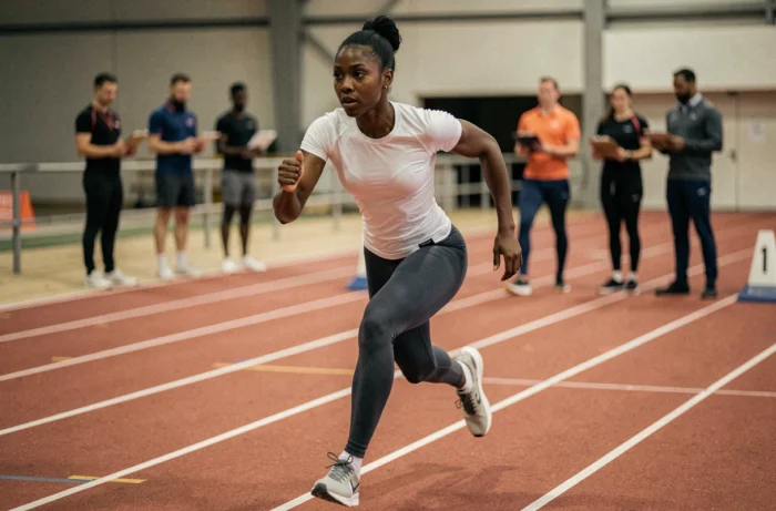 Maryse Evan Jeppe en plein sprint lors d'une séance d'entraînement sur piste intérieure