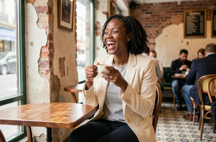Maryse Evan Jeppe souriante lors d'une interview décontractée dans un café parisien