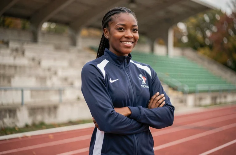Portrait athlétique de Maryse Evan Jeppe en tenue de sport sur une piste d'athlétisme française