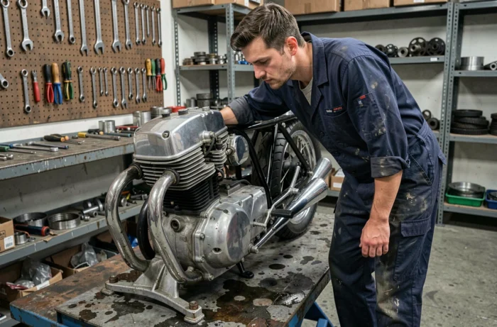 Mécanicien en combinaison de travail qui répare le moteur d'une moto classique démontée dans un atelier équipé