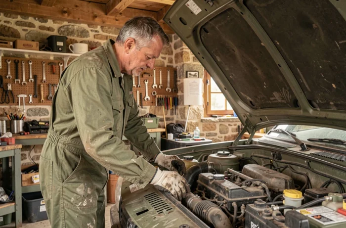 Mécanicien inspectant le moteur d'une Peugeot P4 militaire réformée dans un atelier en pierre