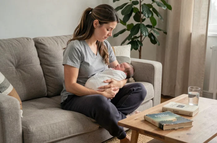 Jeune mère allaitant son nouveau-né sur un canapé confortable dans un salon familial chaleureux
