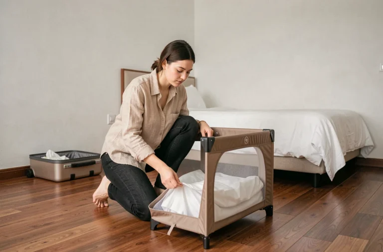 Mère assemblant un lit parapluie compact dans une chambre d'hôtel minimaliste lors d'un voyage avec bébé
