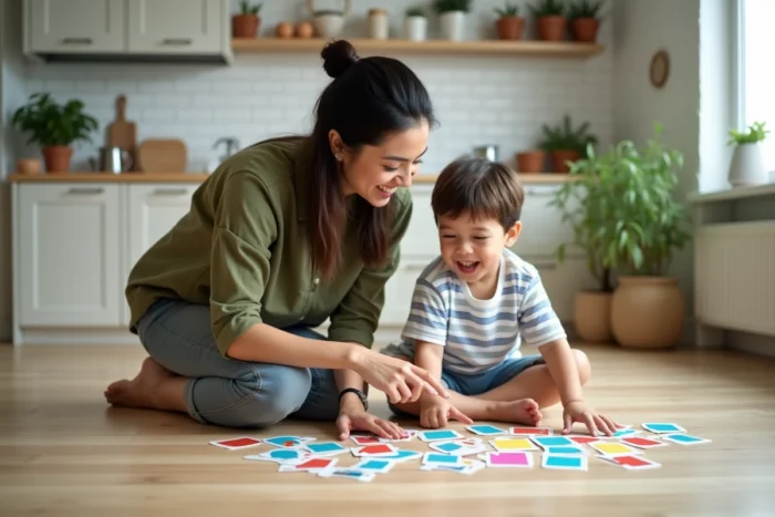 Mère et enfant jouant avec des cartes alphabet colorées sur le sol du salon familial