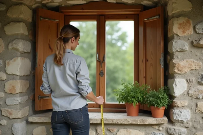 Femme mesurant un encadrement de fenêtre ancienne en pierre pour préparer une déclaration préalable de travaux