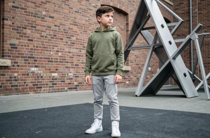 Garçon de 9 ans en tenue décontractée avec hoodie vert et jogging gris dans une aire de jeux urbaine moderne avec mur en briques