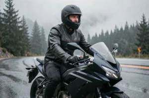 Motard équipé d'un casque intégral noir mat assis sur une moto sportive moderne sur une route de montagne