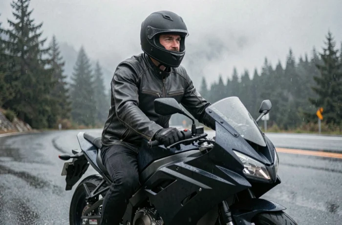 Motard équipé d'un casque intégral noir mat assis sur une moto sportive moderne sur une route de montagne
