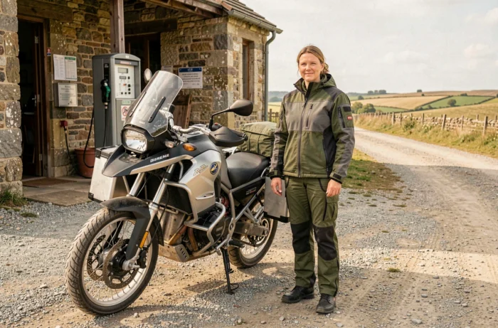 Motarde avec une veste textile adventure debout à côté d'une moto grande routière chargée de valises en aluminium