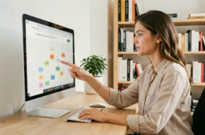 Femme naviguant sur un plan de site immobilier sur un écran d'ordinateur dans un bureau moderne