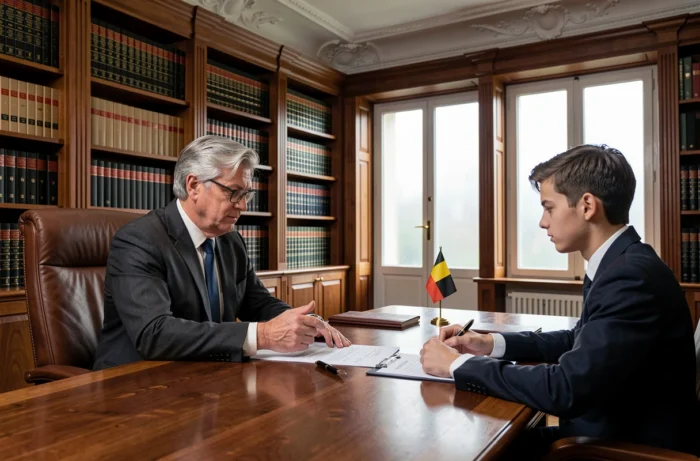 Notaire belge accompagnant un acheteur lors de la signature d'un acte de vente immobilière dans une étude notariale traditionnelle en Belgique
