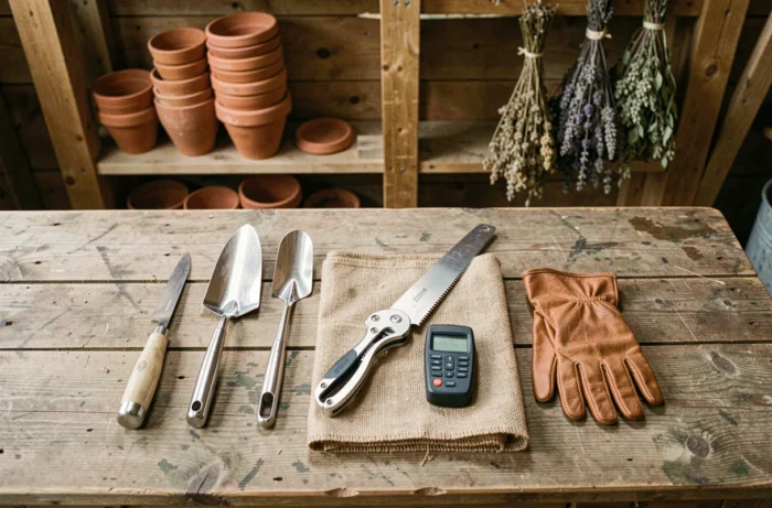 Collection d'outils de jardinage professionnels disposés sur un établi en bois dans un abri de jardin