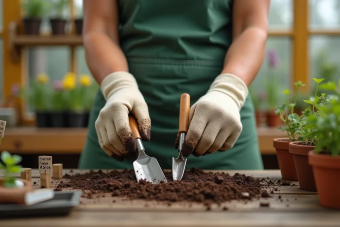 Mains gantées tenant des outils de jardinage sur une table de rempotage en bois dans une serre