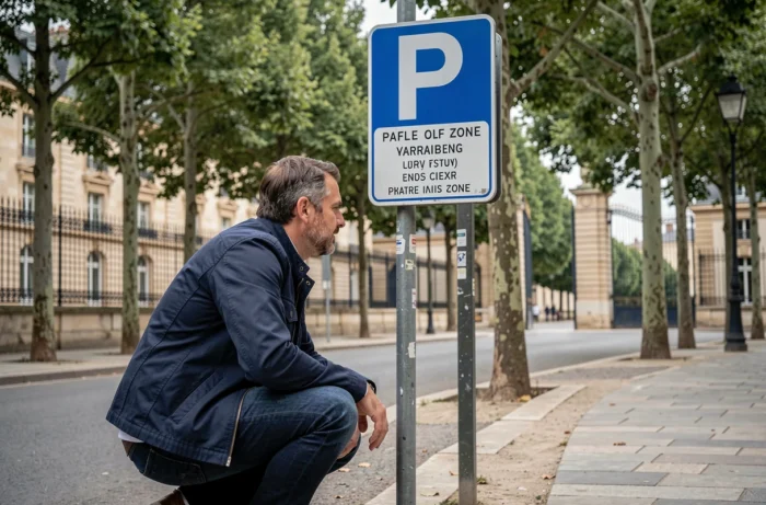 Homme lisant un panneau de zone de stationnement réglementé près du Château de Versailles