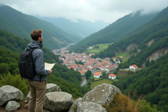 Vue panoramique sur le village espagnol de Dancharia entouré de collines verdoyantes du Pays basque