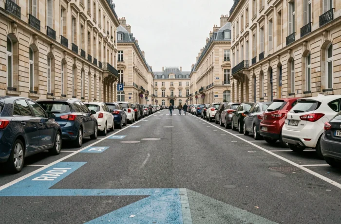 Vue panoramique d'un parking payant en zone bleue dans le centre-ville de Versailles avec marquages au sol