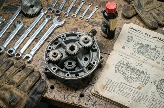 Pièces détachées et outils pour la révision de la boîte de vitesses d'une Peugeot P4 réformée