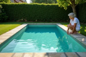 Petite piscine rectangulaire de 10m2 intégrée dans un jardin suburban avec terrasse en bois et dallage en pierre naturelle