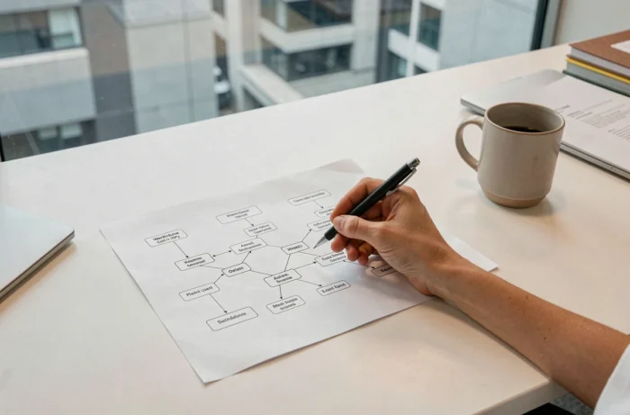 Plan de site Amplement imprimé annoté à la main sur une table de réunion minimaliste